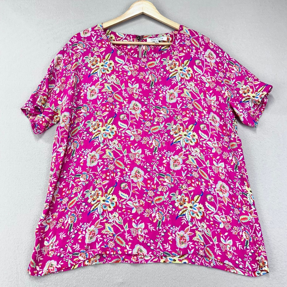 Rose & Olive Blouse Womens XL Pink Floral Short Sleeve Crewneck Career